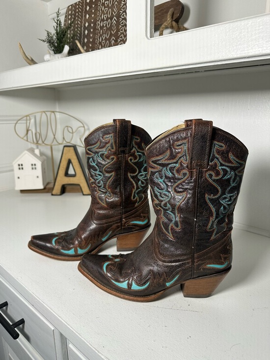 Corral Boots Shoes - Corral Boots Womens 7M Brown Turquoise Inlay Western Cowboy Boots Embroidered